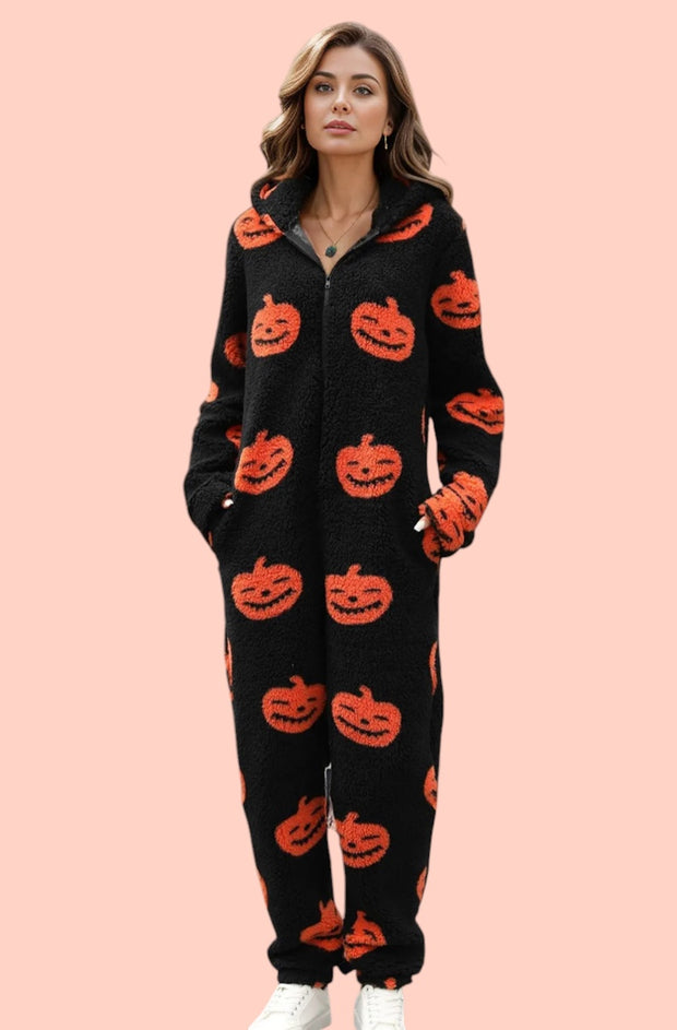 Fuzzy Pumpkin Half-Zip Hooded Jumpsuit – Cozy Pocketed Style