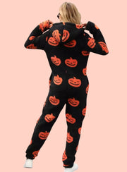 Fuzzy Pumpkin Half-Zip Hooded Jumpsuit – Cozy Pocketed Style