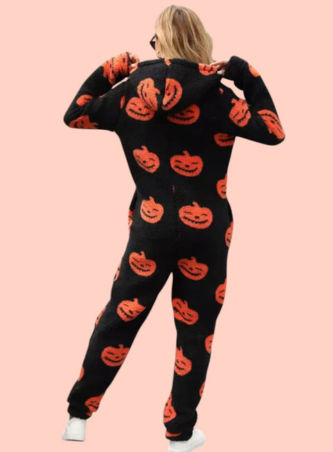 Fuzzy Pumpkin Half-Zip Hooded Jumpsuit – Cozy Pocketed Style