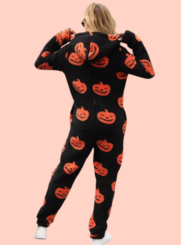 Fuzzy Pumpkin Half-Zip Hooded Jumpsuit – Cozy Pocketed Style