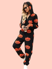 Fuzzy Pumpkin Half-Zip Hooded Jumpsuit – Cozy Pocketed Style