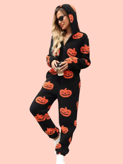 Fuzzy Pumpkin Half-Zip Hooded Jumpsuit – Cozy Pocketed Style