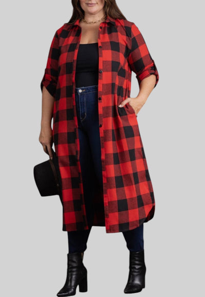 Red Plaid 3/4 Sleeve Plus Size Open Front Cardigan