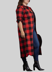 Red Plaid 3/4 Sleeve Plus Size Open Front Cardigan