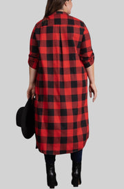 Red Plaid 3/4 Sleeve Plus Size Open Front Cardigan