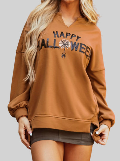 Happy Halloween Notched Neck Long Sleeve Graphic Top