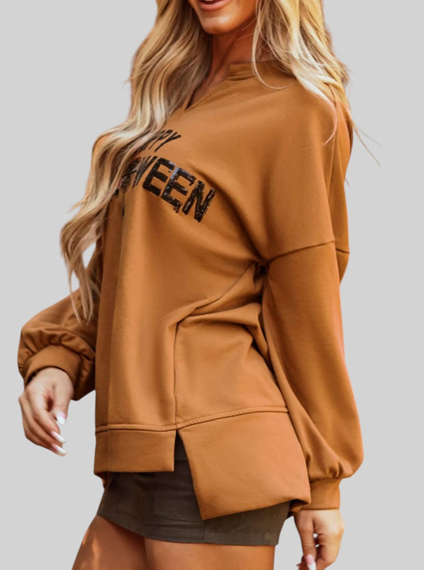 Happy Halloween Notched Neck Long Sleeve Graphic Top