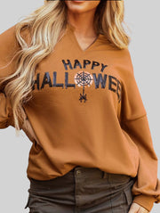 Happy Halloween Notched Neck Long Sleeve Graphic Top
