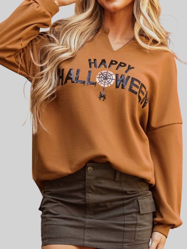 Happy Halloween Notched Neck Long Sleeve Graphic Top