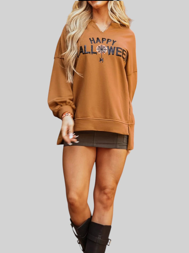 Happy Halloween Notched Neck Long Sleeve Graphic Top