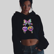 Edgy Rainbow Skull Bow Crop Hoodie – Gothic Streetwear Style