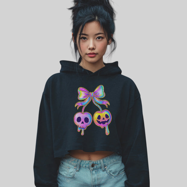 Edgy Rainbow Skull Bow Crop Hoodie – Gothic Streetwear Style