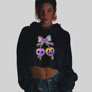 Edgy Rainbow Skull Bow Crop Hoodie – Gothic Streetwear Style