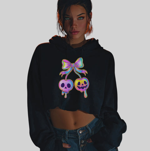 Edgy Rainbow Skull Bow Crop Hoodie – Gothic Streetwear Style