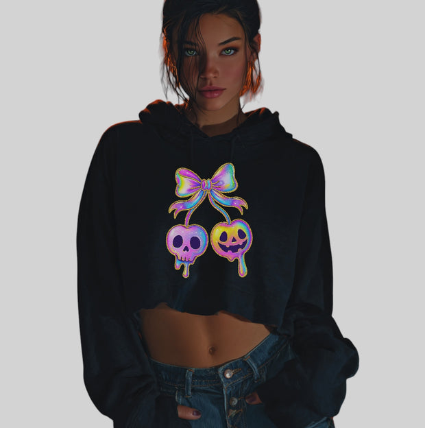 Edgy Rainbow Skull Bow Crop Hoodie – Gothic Streetwear Style