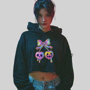 Edgy Rainbow Skull Bow Crop Hoodie – Gothic Streetwear Style