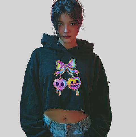 Edgy Rainbow Skull Bow Crop Hoodie – Gothic Streetwear Style