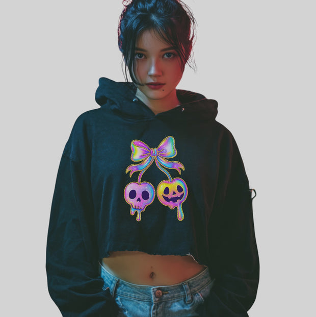 Edgy Rainbow Skull Bow Crop Hoodie – Gothic Streetwear Style