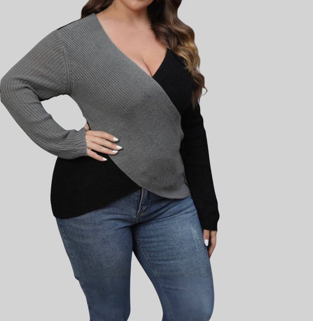 Plus Size Deep V-Neck Cross Wrap Sweater – Chic & Confident Style