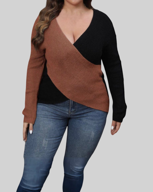 Plus Size Deep V-Neck Cross Wrap Sweater – Chic & Confident Style