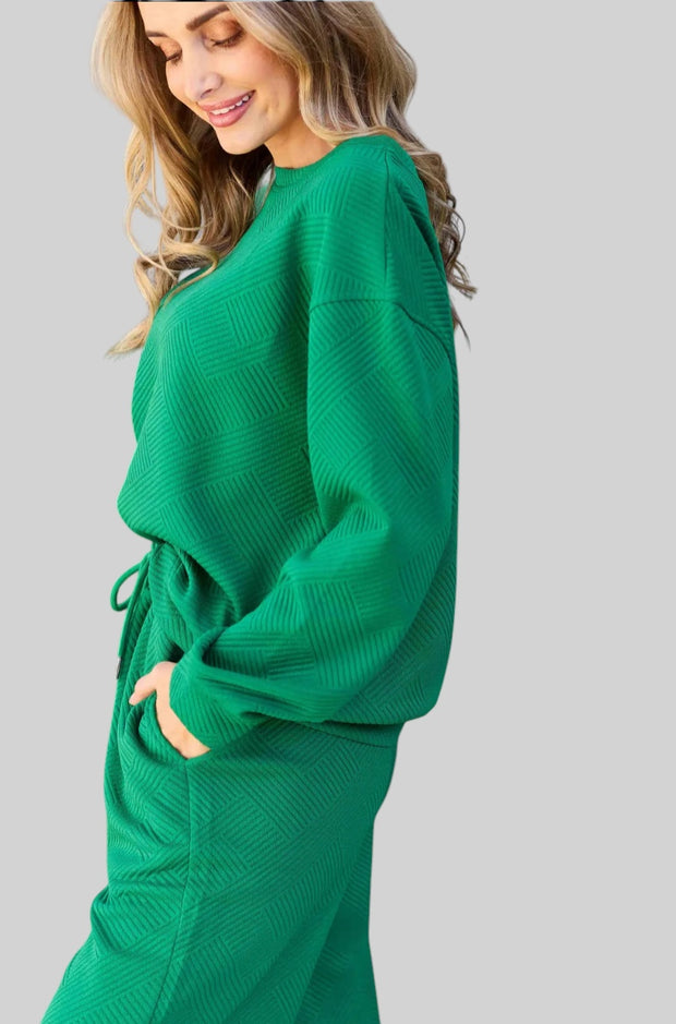Textured Lounge Set with Drawstring Top & Pants