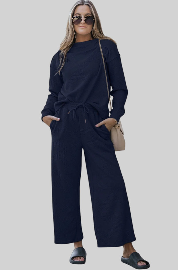 Textured Lounge Set with Drawstring Top & Pants