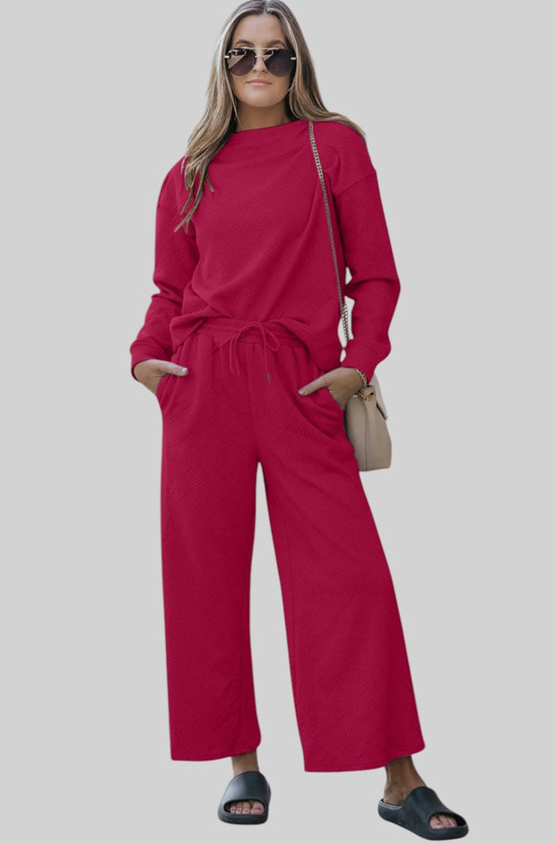 Textured Lounge Set with Drawstring Top & Pants