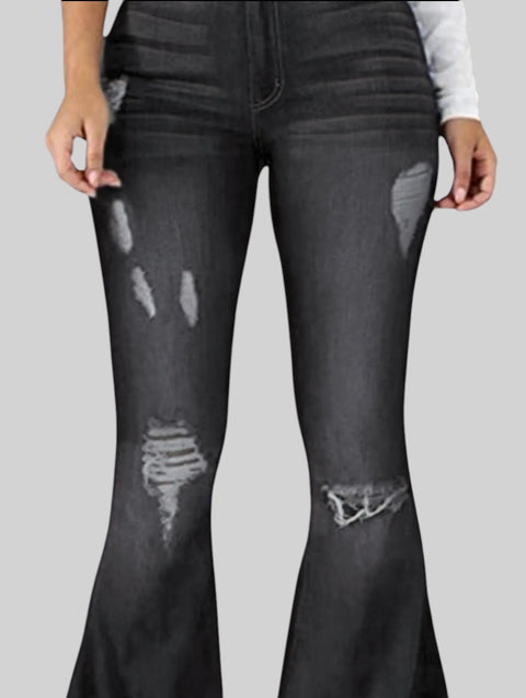 Distressed Flare Jeans with Raw Hem – Full Size