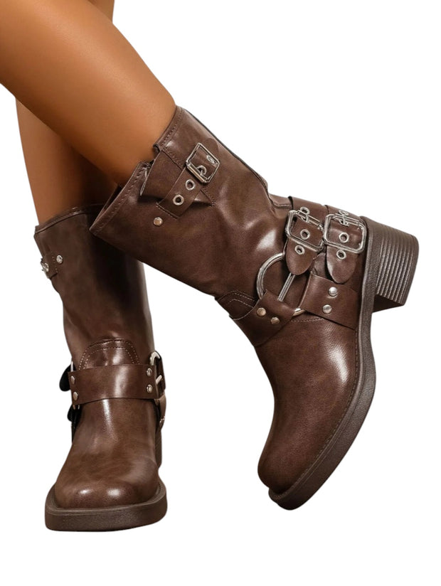 Round Toe Block Heels Boots