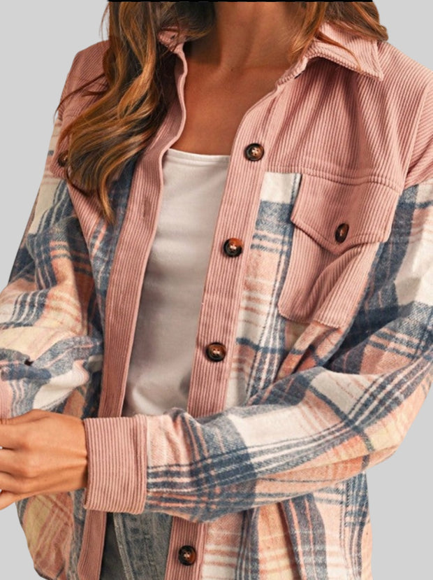 Plaid Corduroy Patch Pocket Shacket – Cozy Loose Fit Shirt Jacket