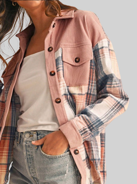 Plaid Corduroy Patch Pocket Shacket – Cozy Loose Fit Shirt Jacket