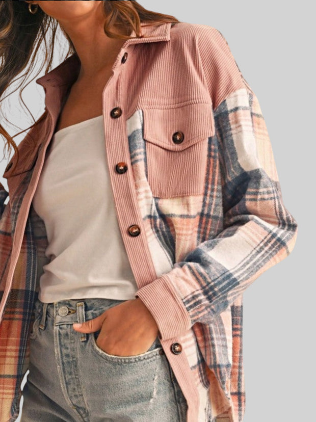 Plaid Corduroy Patch Pocket Shacket – Cozy Loose Fit Shirt Jacket