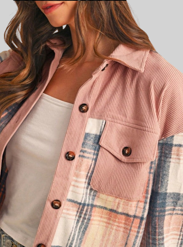 Plaid Corduroy Patch Pocket Shacket – Cozy Loose Fit Shirt Jacket