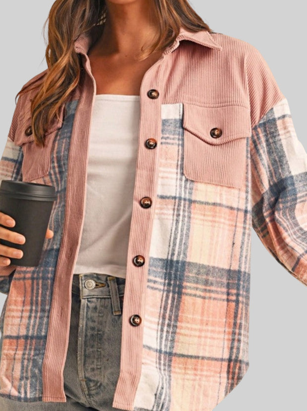 Plaid Corduroy Patch Pocket Shacket – Cozy Loose Fit Shirt Jacket