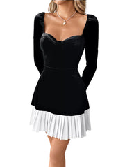 Pleated Sweetheart Neckline Long Sleeve Mini Dress