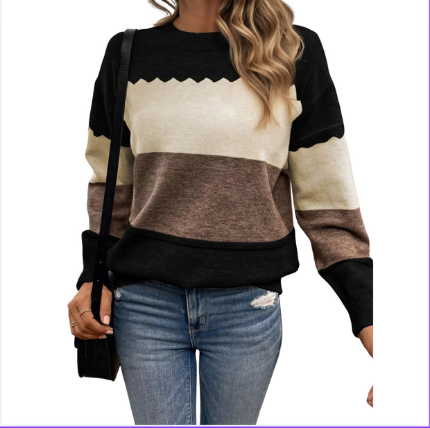 Color Block Drop Shoulder Sweater – Crew Neck Knit featuring a trendy color block design and relaxed silhouette.