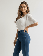 Side view of Floral Tie-Front Smocked Back Flutter Sleeve Blouse  showing smocked back and flowing sleeves for a feminine silhouette