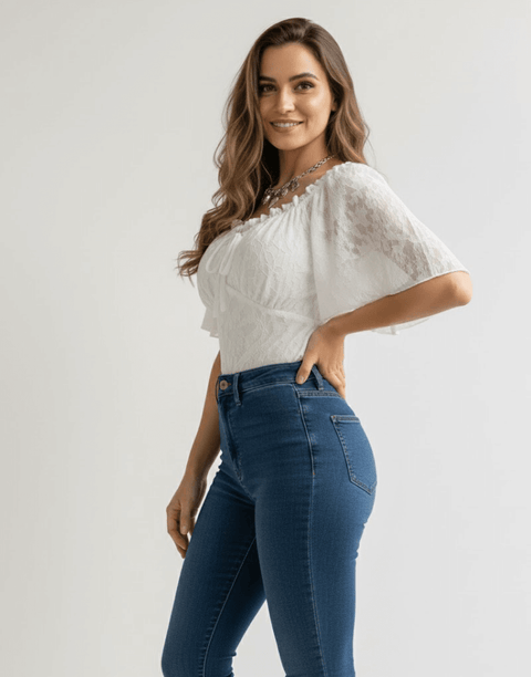 Side view of Floral Tie-Front Smocked Back Flutter Sleeve Blouse  showing smocked back and flowing sleeves for a feminine silhouette