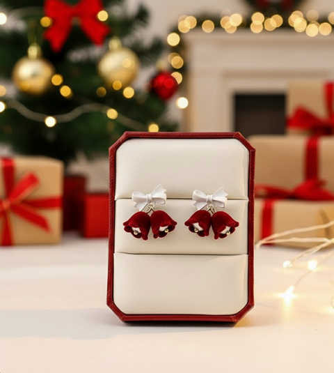 Velvet Bell Earrings with Bow displayed on a jewelry stand with holiday decorations in the background.