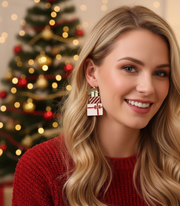 Stacked Gift Box Christmas Earrings featuring colorful stacked present charms with bows and glitter accents.