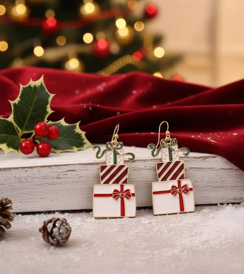 Stacked Gift Box Christmas Earrings featuring colorful stacked present charms with bows and glitter accents.
