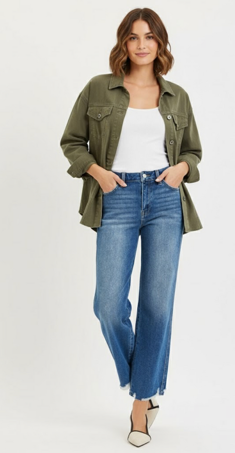 RISEN High-Rise Ankle Straight Jeans with Distressed Hem Detail