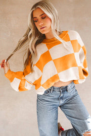 Orange Checkered Knit Bishop Sleeve Sweater