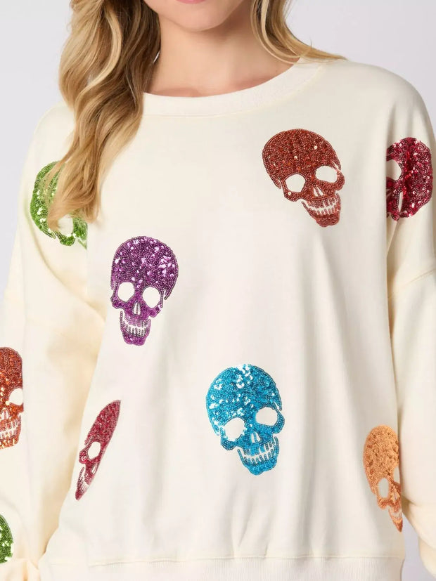 Halloween Colorful Skull Sequin Oversized Sweatshirt with vibrant sequin skulls, perfect for festive celebrations.