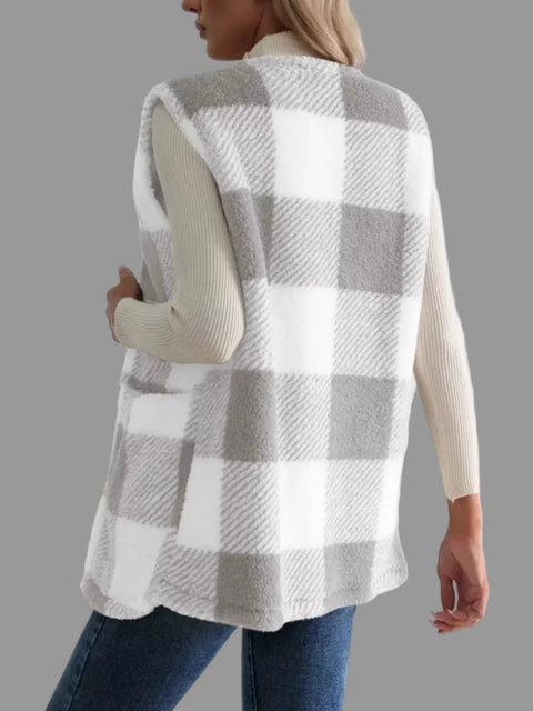 Plaid Sherpa Vest Coat showcasing a relaxed fit, perfect for layering and everyday wear.