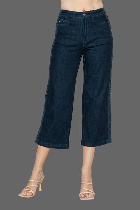 Judy Blue Side Seam Braid Crop Wide Leg Jeans in dark denim with a cropped fit and wide leg design.