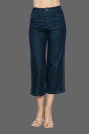 Judy Blue Side Seam Braid Crop Wide Leg Jeans in dark denim with a cropped fit and wide leg design.