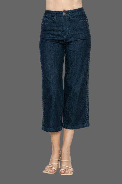Judy Blue Side Seam Braid Crop Wide Leg Jeans in dark denim with a cropped fit and wide leg design.