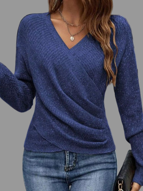 Surplice Long Sleeve Knit Top in a stylish blue color featuring a wrap neckline and comfortable fit.