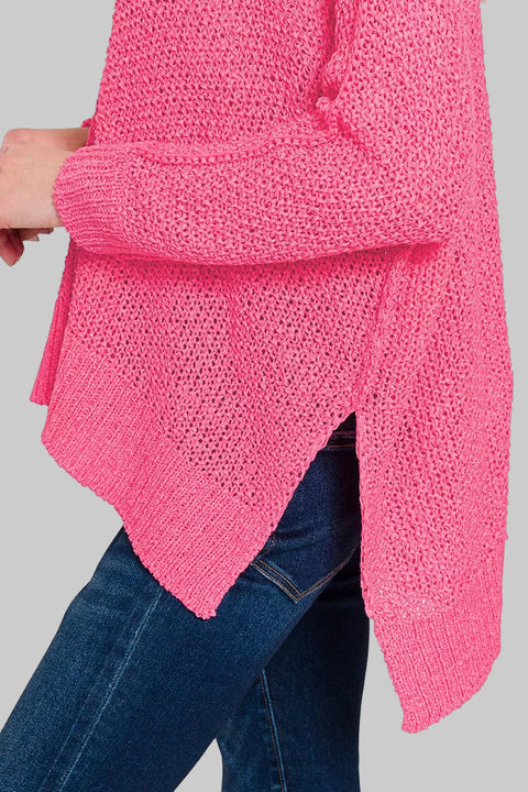 Zenana Dolman Sleeve V-Neck Knit Sweater in bright pink, showcasing relaxed fit and textured knit design.